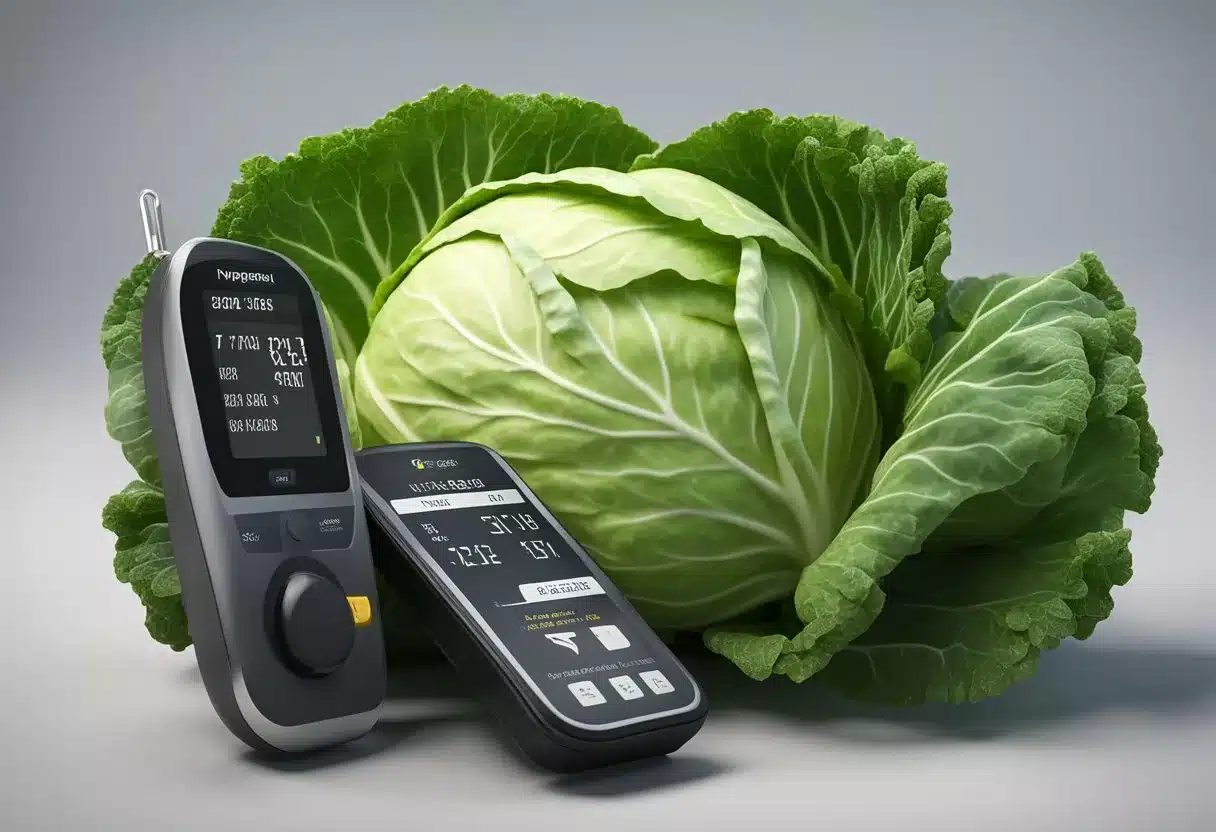 A head of cabbage with a nutritional label and a blood sugar monitor nearby