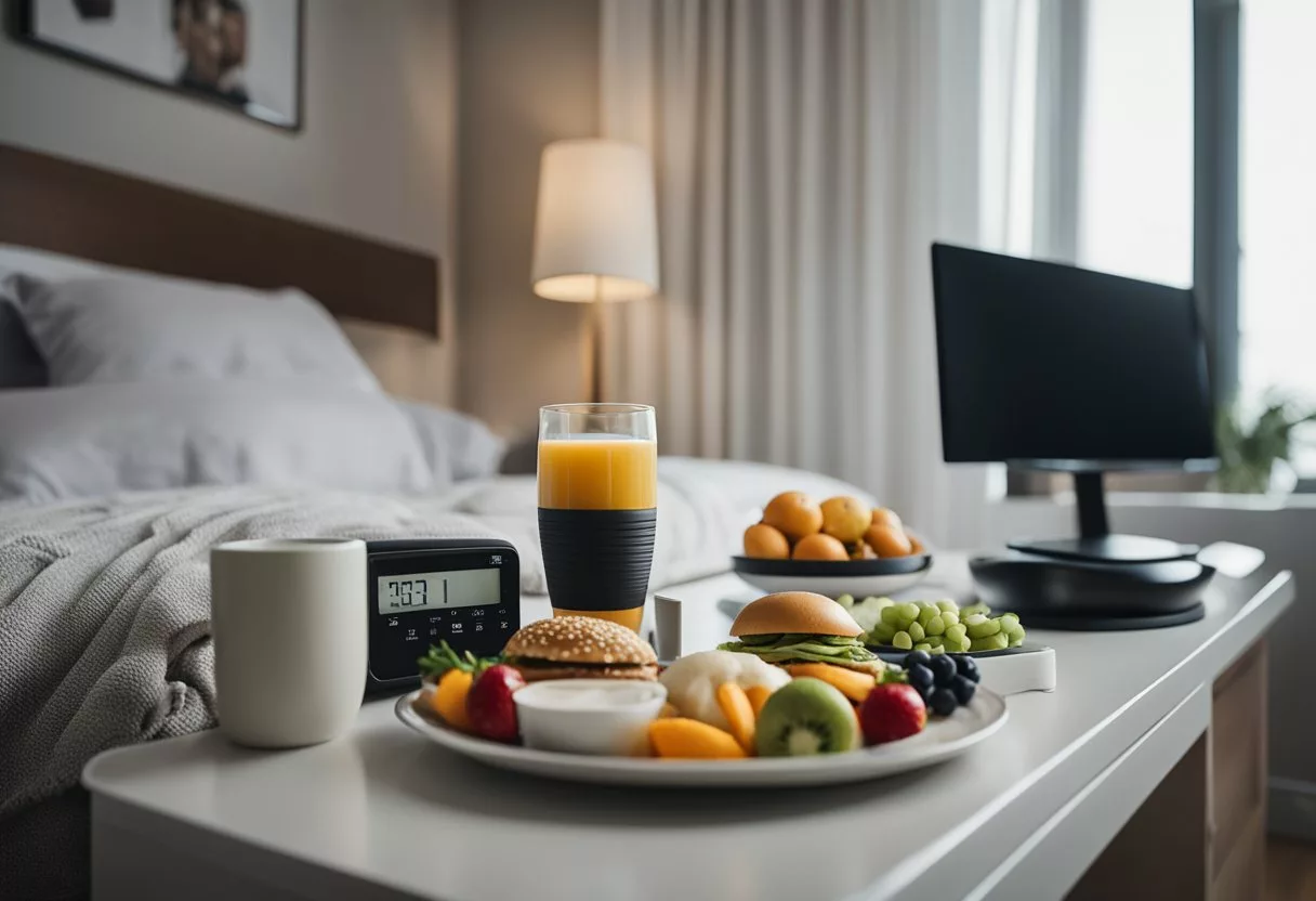 A cozy bedroom with a balanced diet and exercise equipment. A sleep tracker and healthy snacks on the nightstand