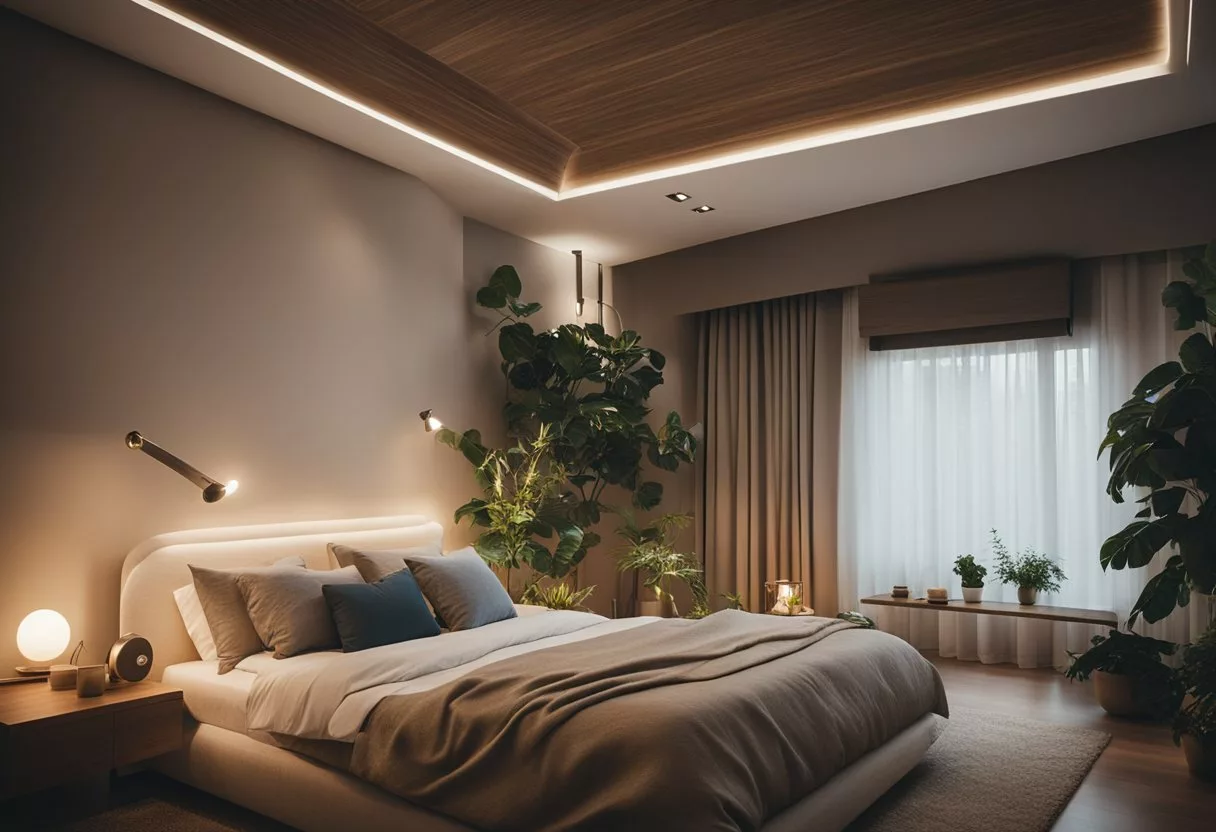 A serene bedroom with a balanced diet and exercise equipment, surrounded by calming elements like plants and dim lighting