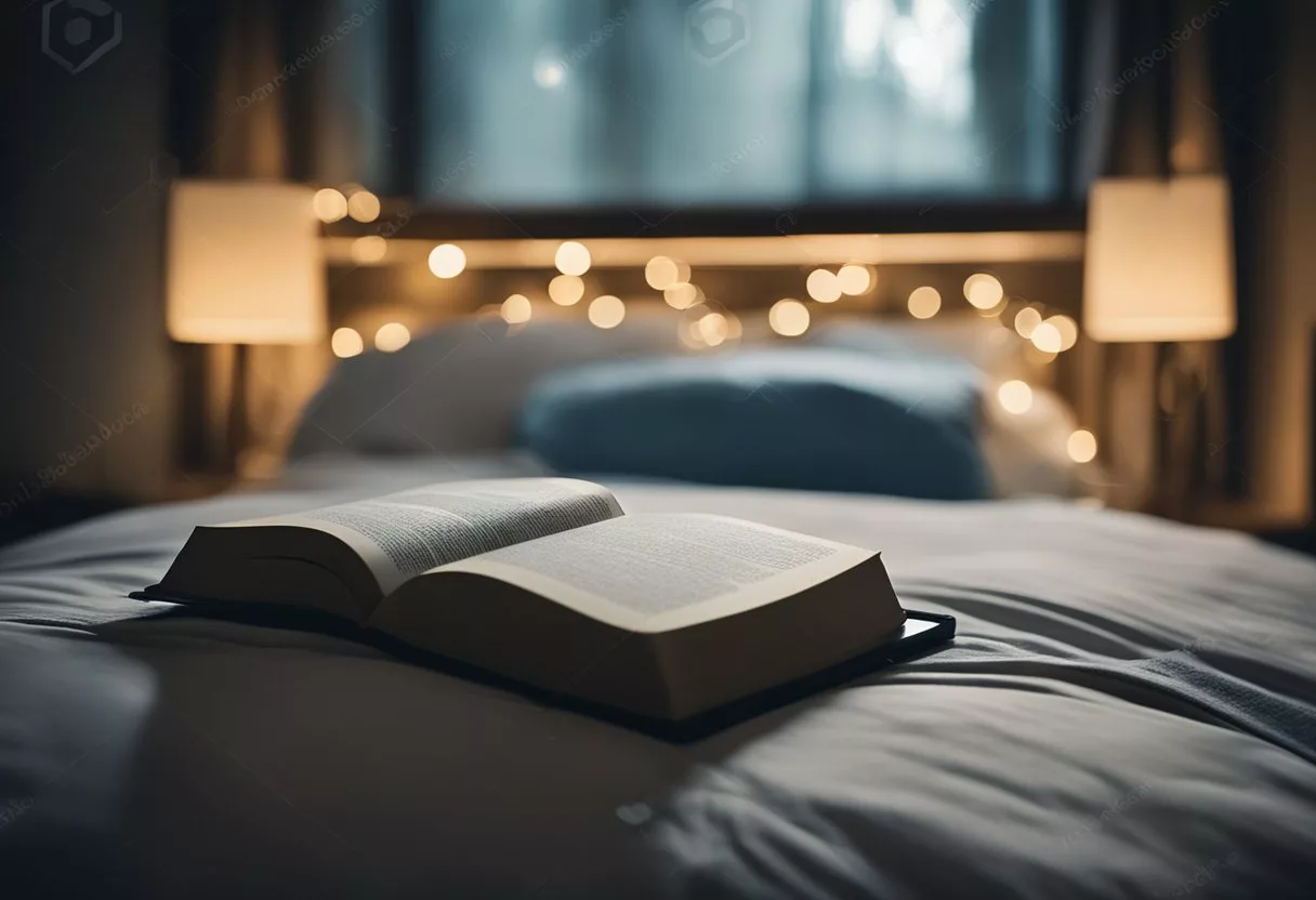 A peaceful bedroom with a bed, moonlight streaming through the window, and a book on infectious diseases and sleep on the nightstand