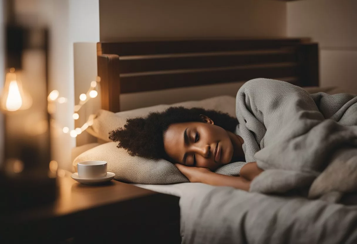 A person sleeping peacefully in a cozy bed, surrounded by calming elements like a warm blanket, soft pillows, and a dimly lit room