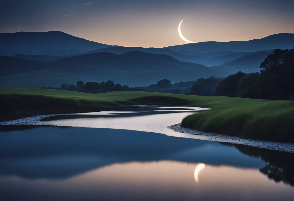 A serene night sky with a crescent moon overlooking a peaceful landscape of rolling hills and a tranquil stream