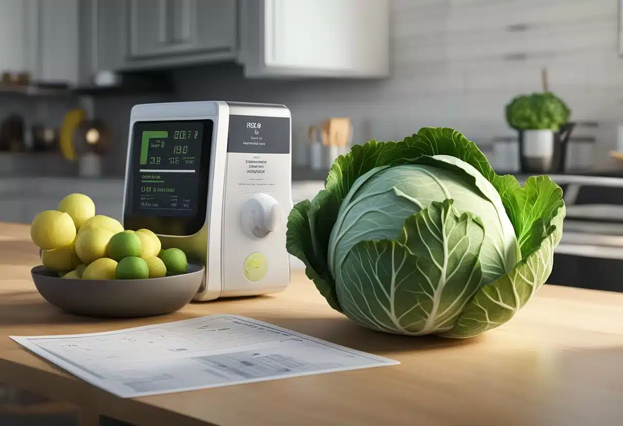 A head of cabbage sits on a kitchen counter next to a glucose meter and a diabetes information pamphlet