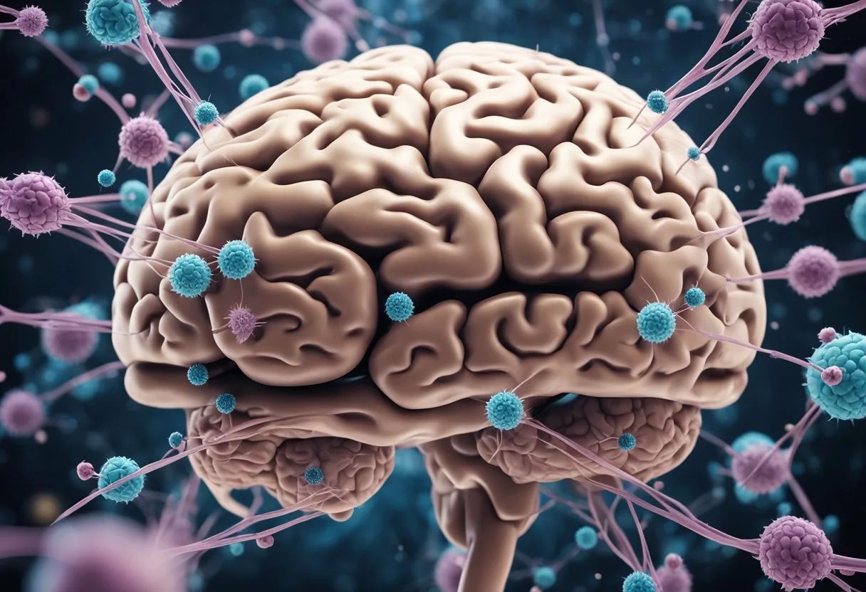 A brain releasing hormones while immune cells interact in the body