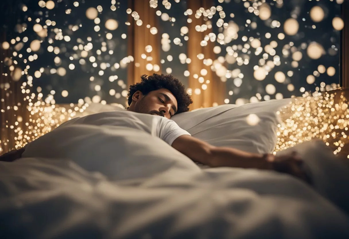 A person lying in bed, surrounded by floating immune cells and disrupted sleep patterns