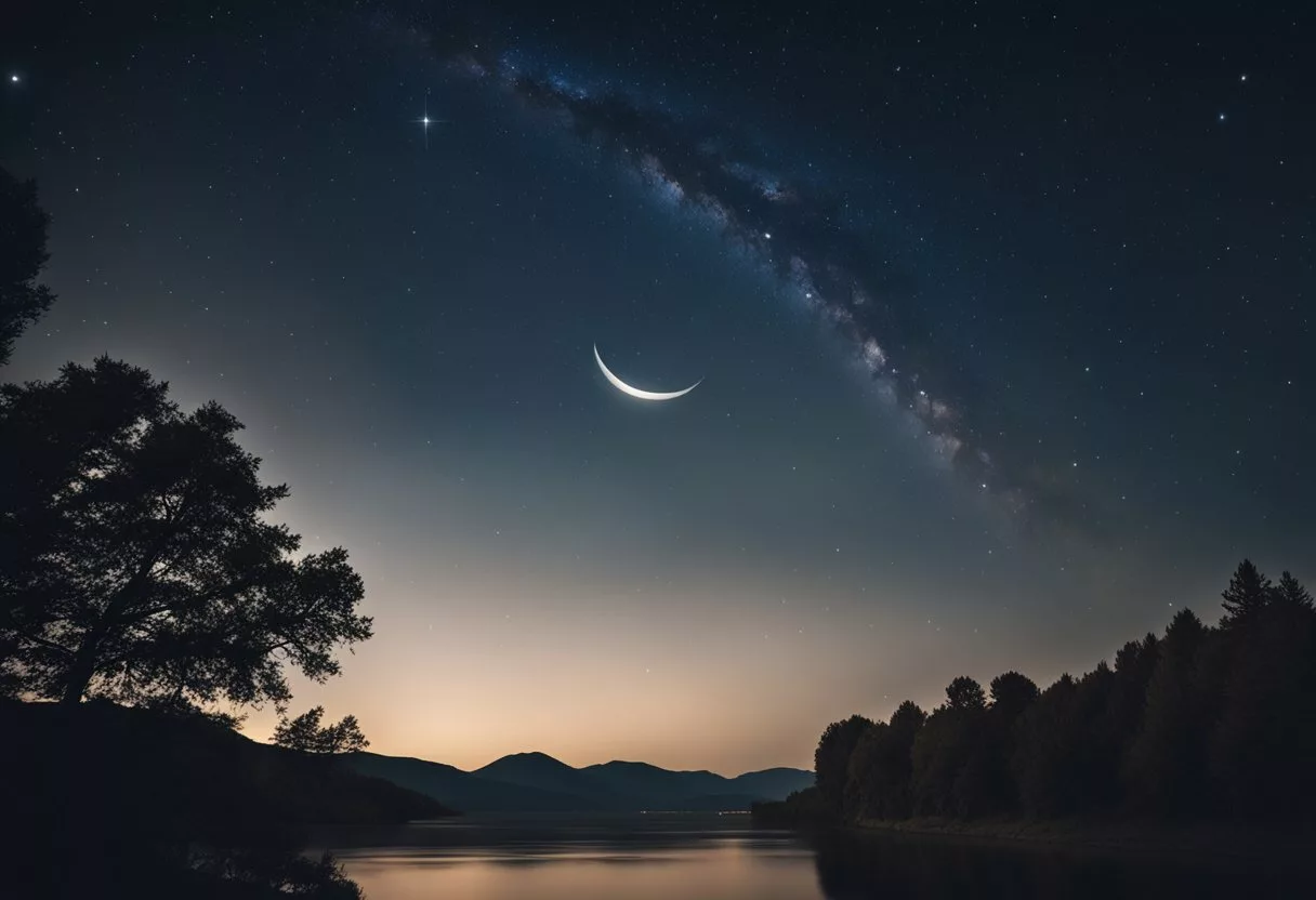 A peaceful night sky with a crescent moon and stars shining brightly over a tranquil landscape