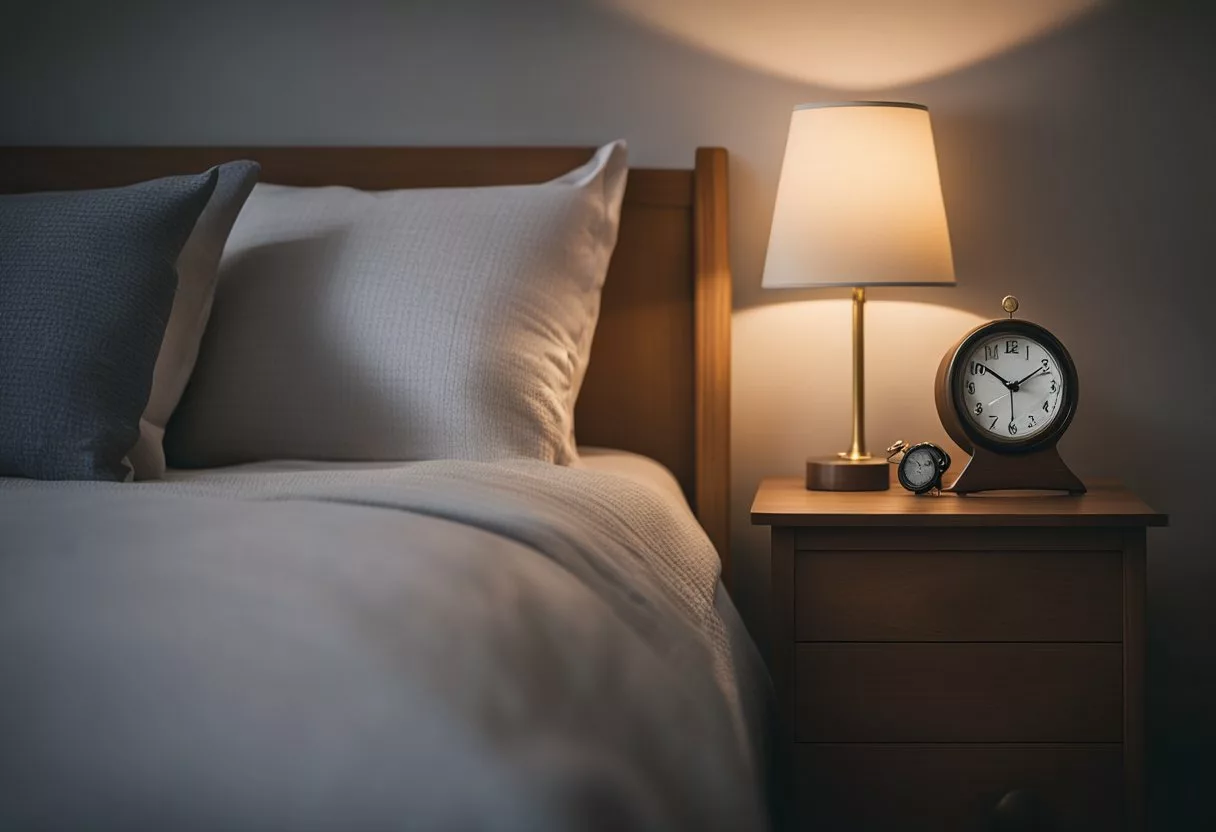 A peaceful bedroom with a dimly lit lamp, a cozy bed, and a serene atmosphere. A clock on the nightstand shows the time as the moon shines through the window, creating a calming environment for rest