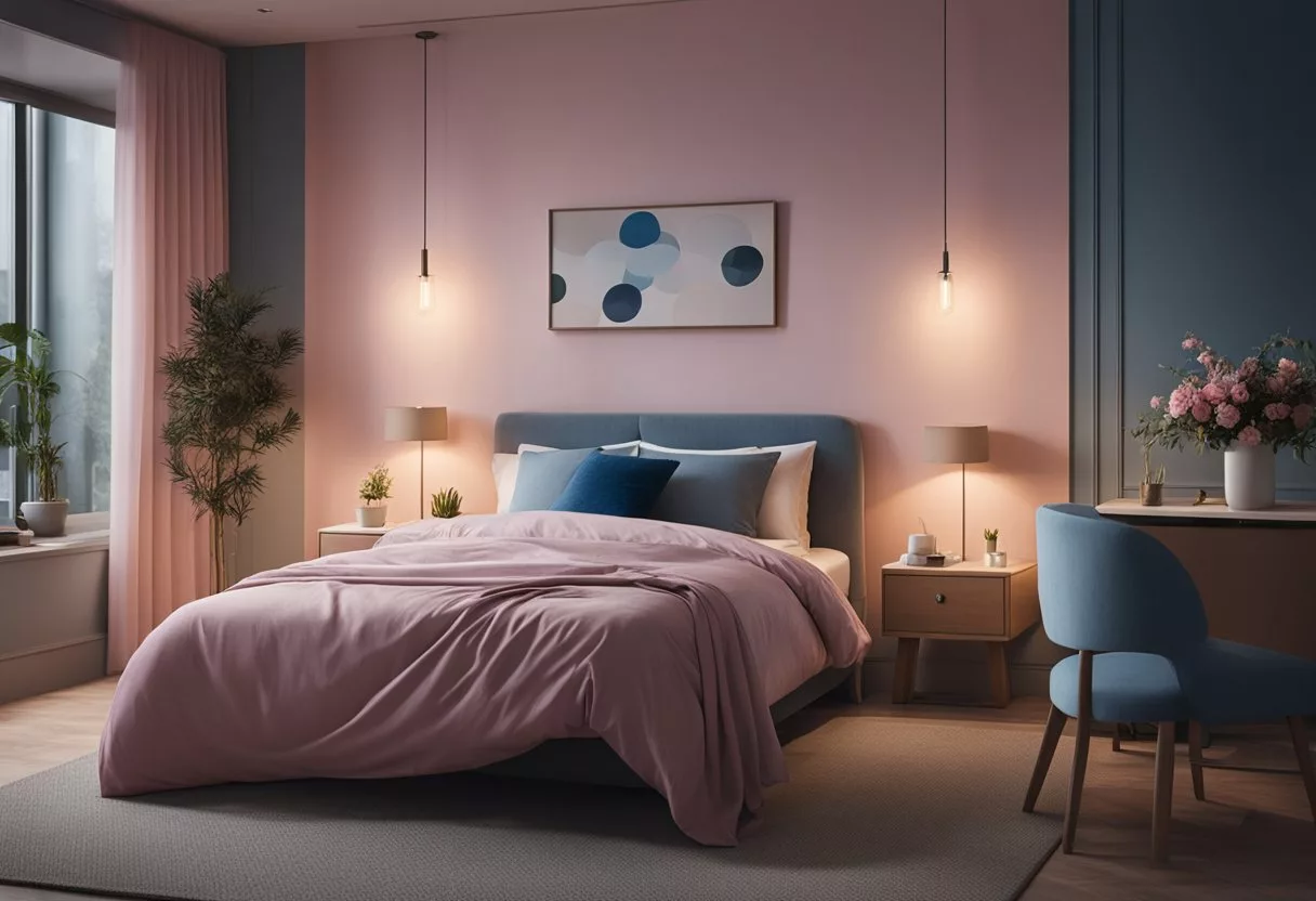 A peaceful bedroom with a soft, dimly lit atmosphere. A clock shows nighttime hours. Two beds, one with pink sheets and the other with blue, suggest gender differences in sleep