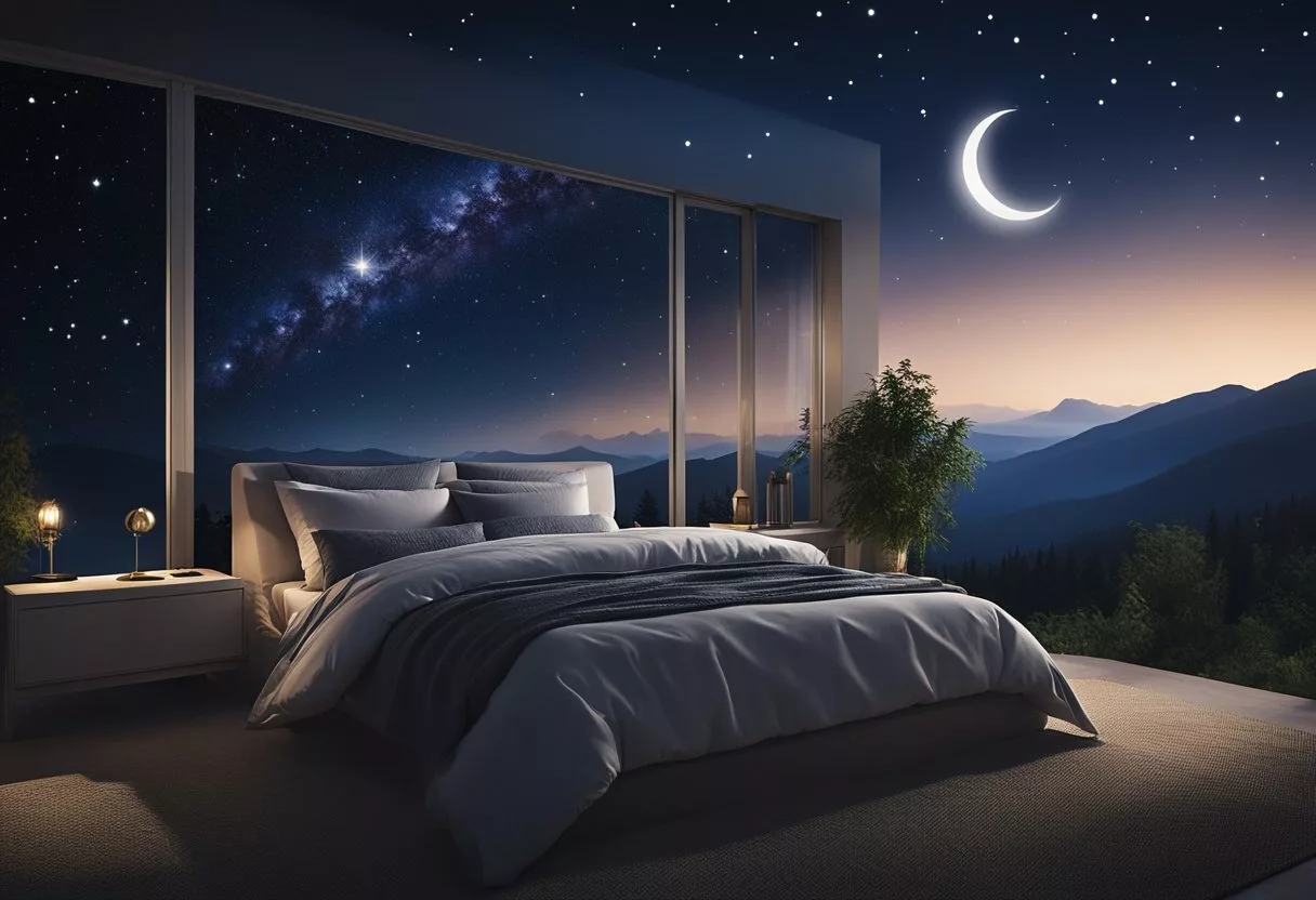 A peaceful night scene with a crescent moon and stars shining above a tranquil landscape, symbolizing the harmony between sleep and hormonal balance