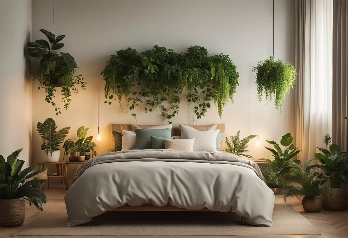 A peaceful bedroom with a cozy bed and soft lighting, surrounded by plants and calming decor. The room exudes a sense of rest and relaxation, emphasizing the importance of sleep for metabolic health