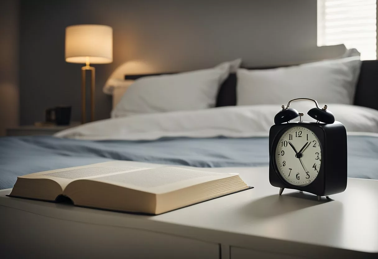 A serene bedroom with dim lighting, a cozy bed, and a calming atmosphere. A clock on the nightstand shows a late hour, while a book about sleep and hormones rests on the bedside table