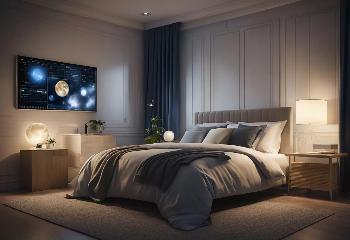 The scene depicts a peaceful bedroom with a moonlit sky outside. A diagram of the brain and endocrine system is visible, highlighting the relationship between hormones and sleep