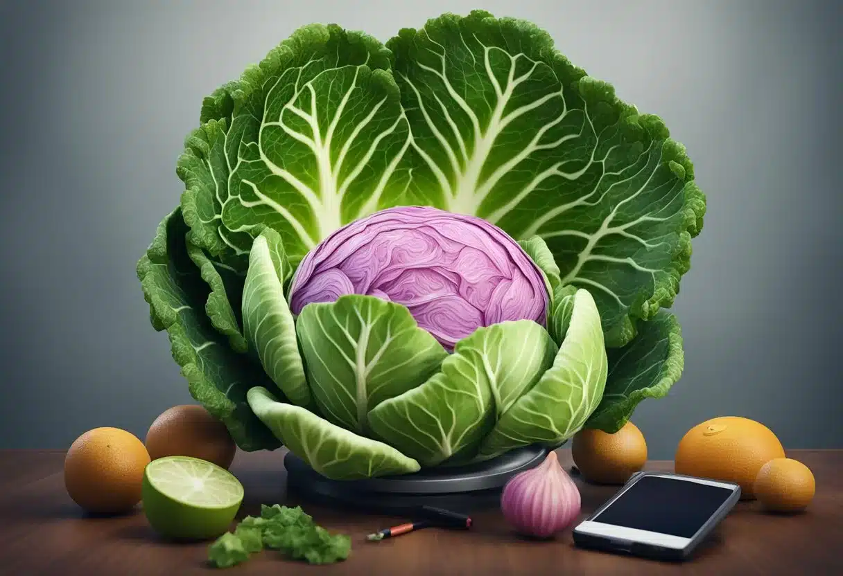 A head of cabbage surrounded by symbols of health and wellness, with a blood sugar monitor nearby