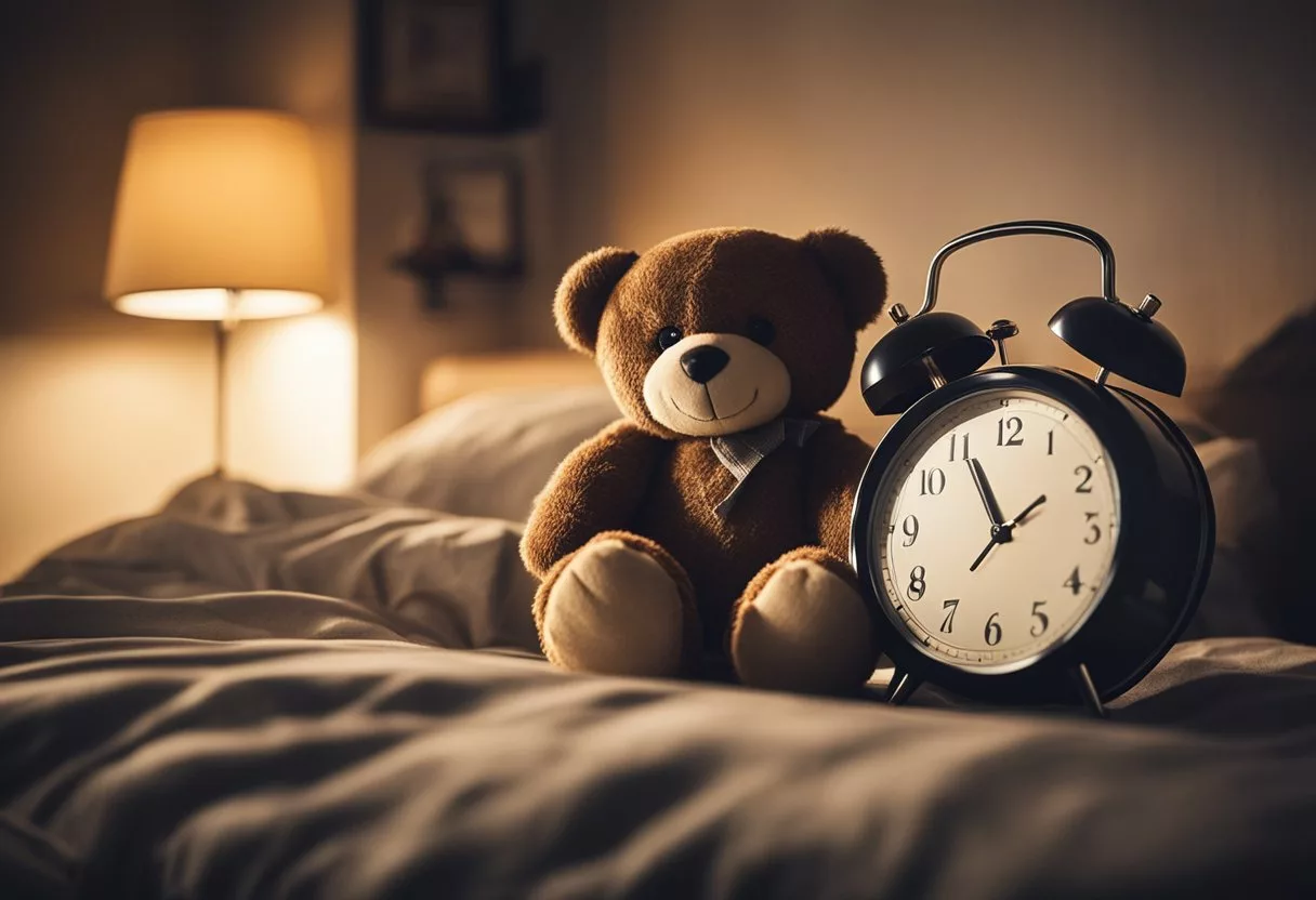 A dimly lit bedroom with a clock showing 3AM, a disheveled bed, and a tired-looking teddy bear