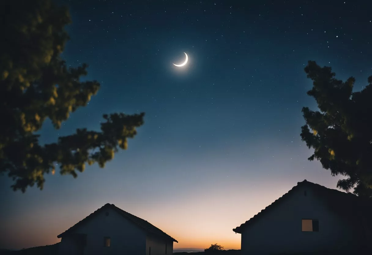 A serene night sky with a crescent moon casting a soft glow over a peaceful, sleeping village, evoking feelings of calm and emotional stability