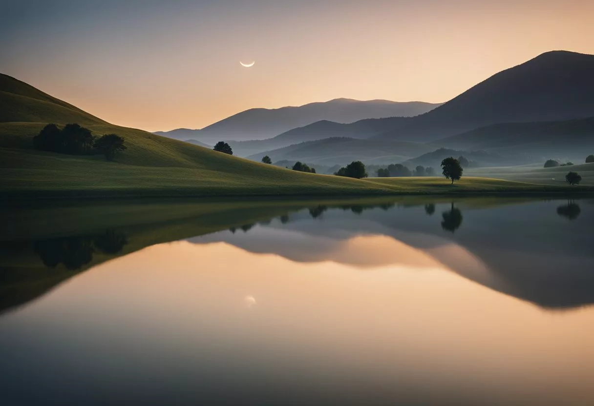 A serene crescent moon casting a gentle glow over a tranquil landscape of rolling hills and a peaceful, still lake