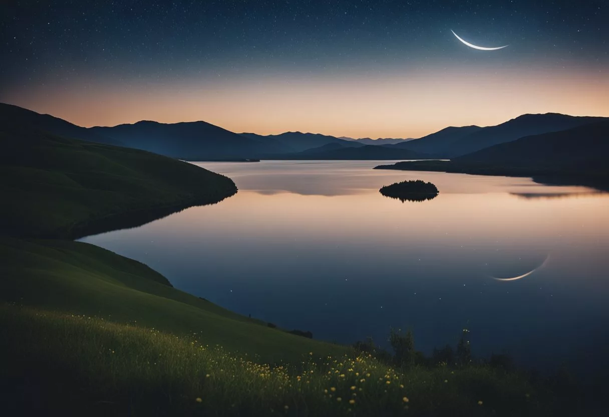 A peaceful night sky with a crescent moon and stars, casting a calming glow over a serene landscape of rolling hills and a tranquil lake