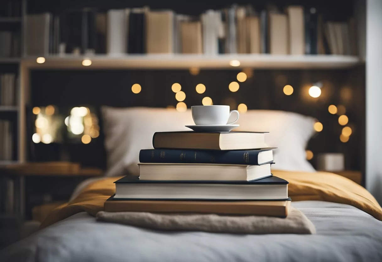 A peaceful bedroom with a cozy bed, soft lighting, and a serene atmosphere. A bookshelf filled with calming literature and a journal for reflection