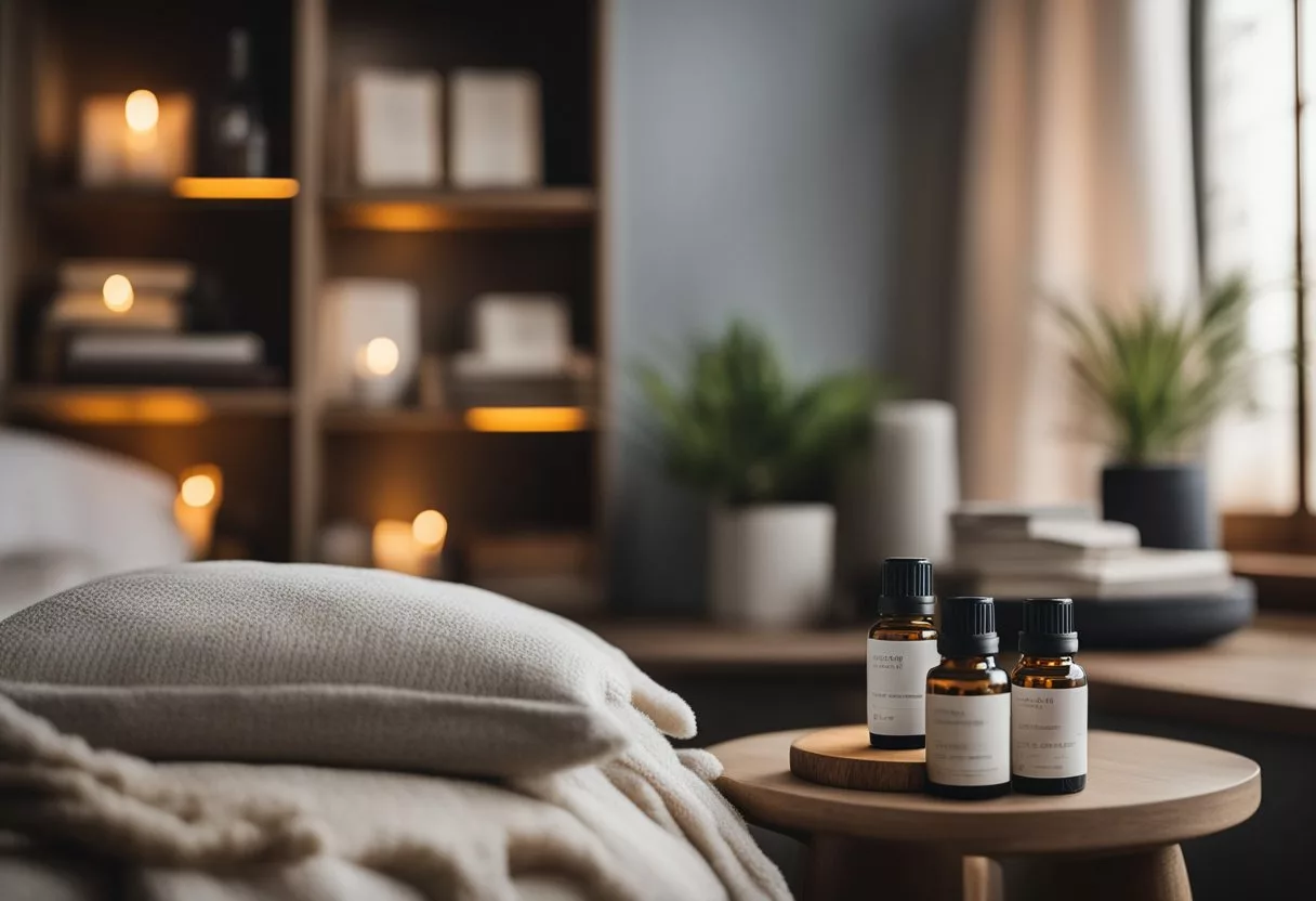 A serene bedroom with soft, dim lighting, a cozy bed with plush pillows, and calming decor. A bookshelf with self-help books and a soothing essential oil diffuser