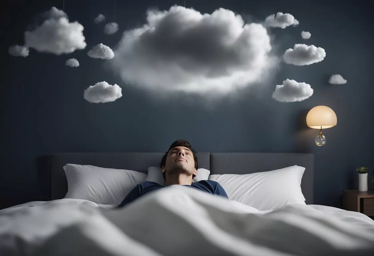 A person tossing and turning in bed, with a dark cloud hovering over their head, symbolizing the impact of sleep disorders on emotional health