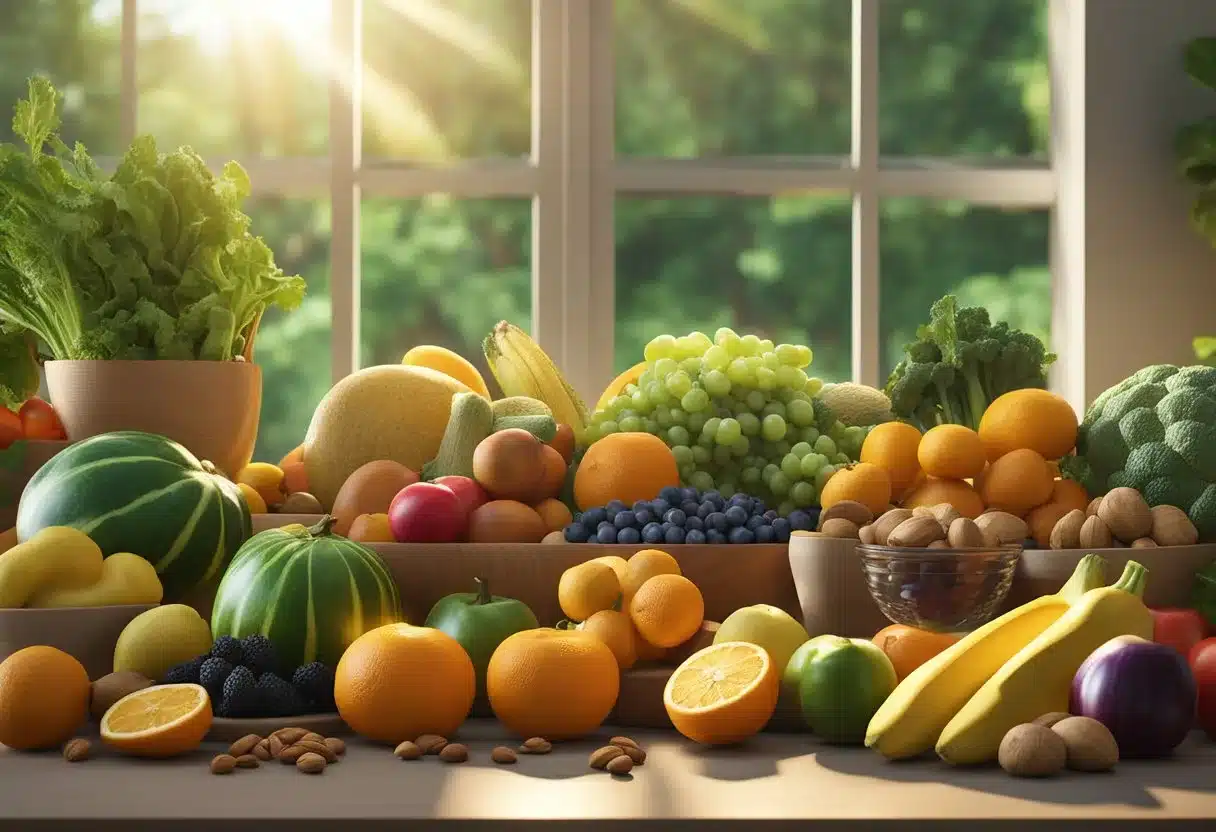 A colorful array of fresh fruits, vegetables, nuts, and whole grains arranged on a table, with a vibrant backdrop of nature and sunlight