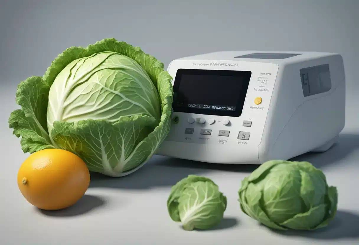 A head of cabbage next to a blood sugar monitor, with a question mark above it