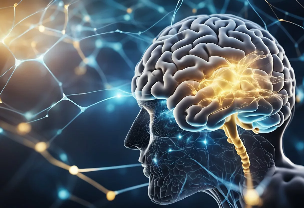 Brain with sleep and emotion centers connected by neural pathways, emitting calming waves and regulating hormone levels