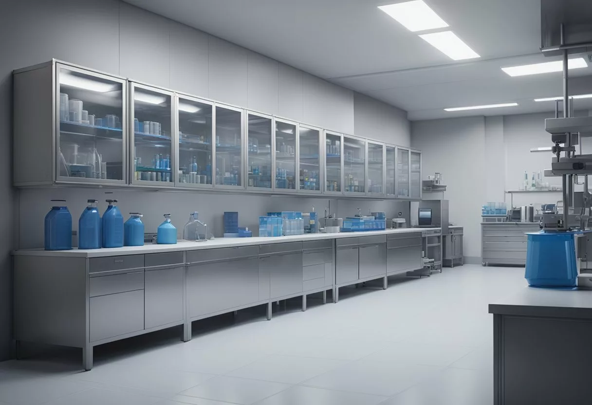 A clean, well-organized laboratory with proper waste disposal and safety equipment