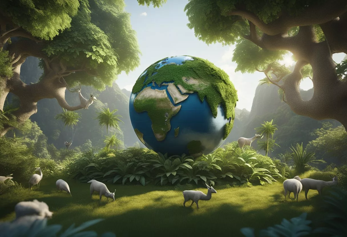 A globe surrounded by diverse plants and animals, symbolizing global responsibility for environmental wellness