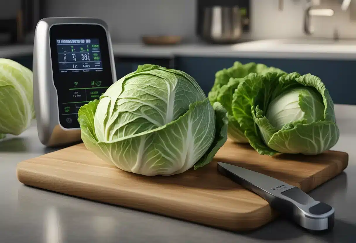 A head of cabbage on a cutting board next to a blood sugar monitor and a diabetic meal plan