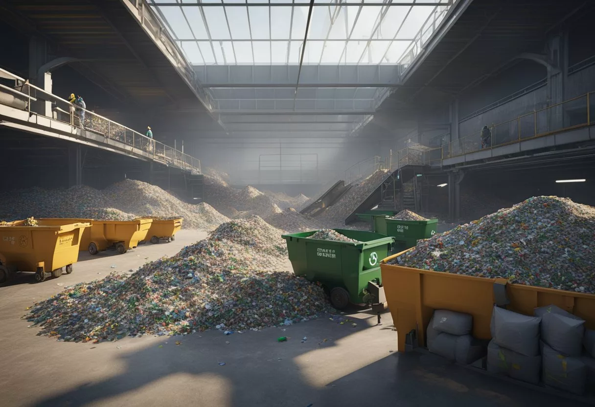 A recycling facility with workers sorting materials into different bins, while a conveyor belt moves waste to be processed