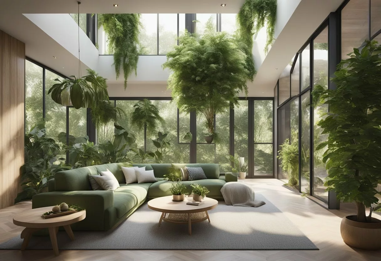 Lush green plants and trees thrive in a sustainable, eco-friendly living space with natural light and recycled materials