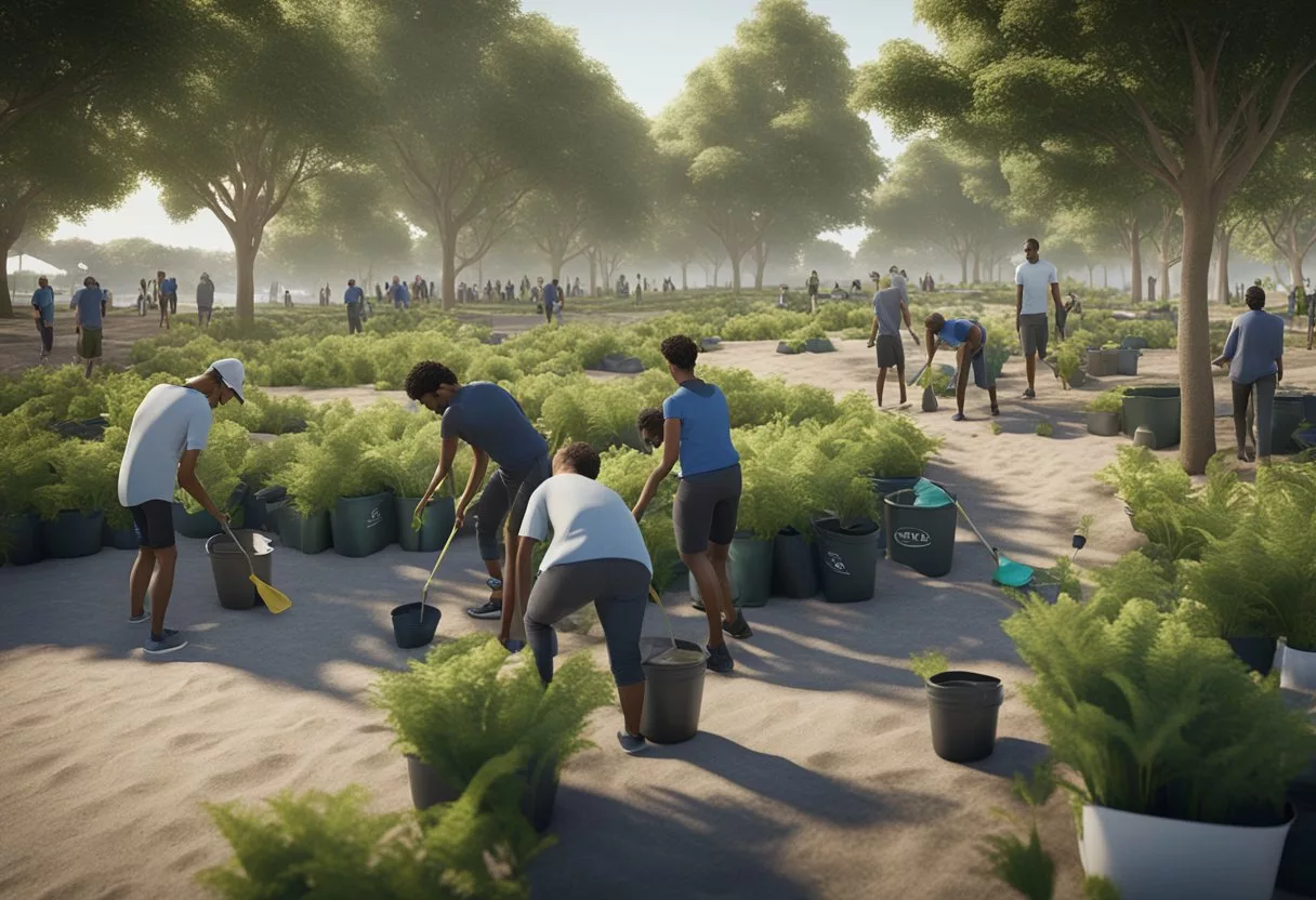 A group of people planting trees in a park, cleaning up a beach, and recycling waste in a community event