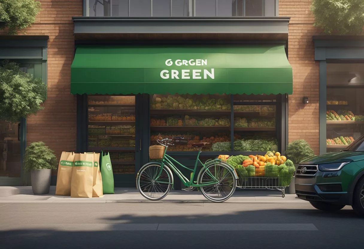 A bicycle parked outside a grocery store, with reusable bags hanging from the handlebars. A bus with a "Go Green" banner drives by