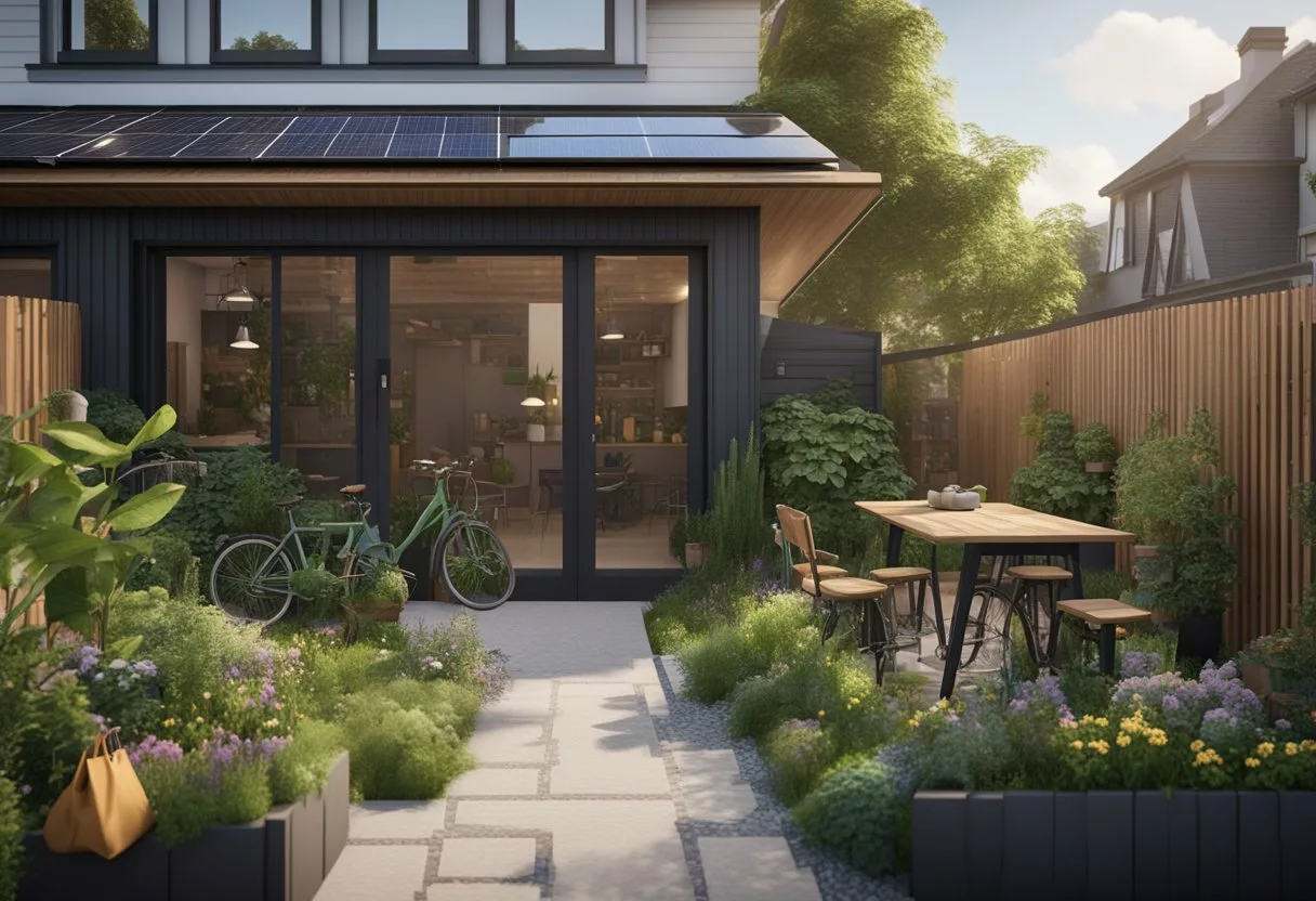 A lush garden with compost bins, solar panels, and rain barrels next to a modern home. Bicycles and reusable shopping bags are visible near the front door