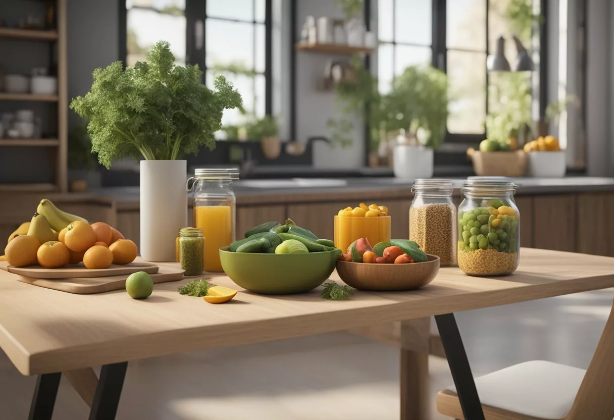 A table with a variety of fresh fruits, vegetables, and whole grains. Reusable containers and utensils are nearby. A compost bin is visible