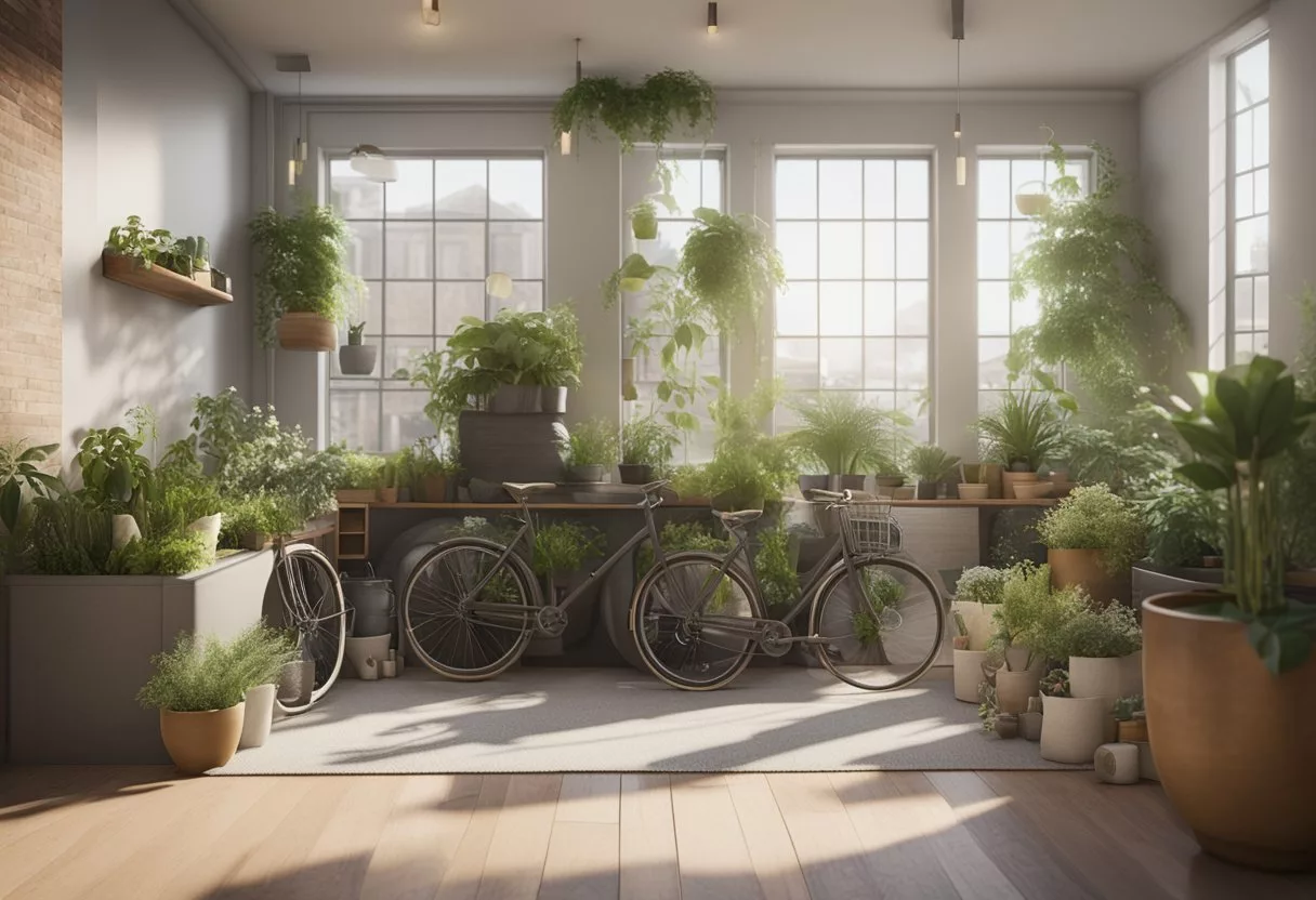 A serene, clutter-free living space with reusable items and plants. A person cycling or walking instead of driving. Recycling bins and a composting area