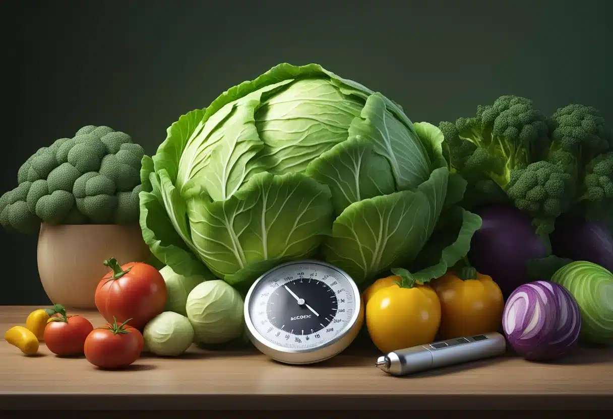 A cabbage surrounded by various vegetables, with a blood sugar meter nearby