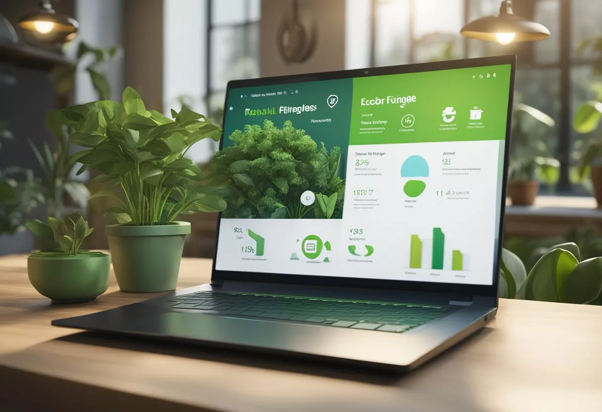 A laptop displaying eco-friendly tips, reusable items, and green strategies for sustainable living. Social media icons and a plant in the background