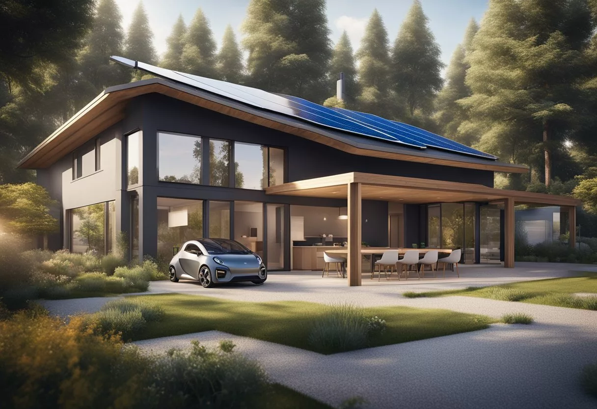 A modern, eco-friendly home with solar panels, a smart thermostat, and energy-efficient appliances. A garden with a compost bin and rainwater collection system. Electric vehicles charging in the driveway