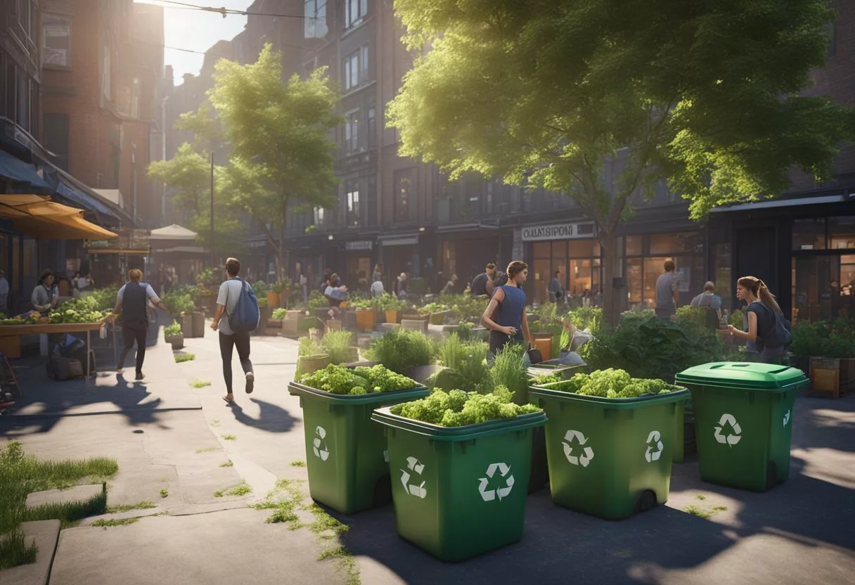 A bustling city with recycling bins on every corner, people using reusable bags and containers, and a composting station in a community garden