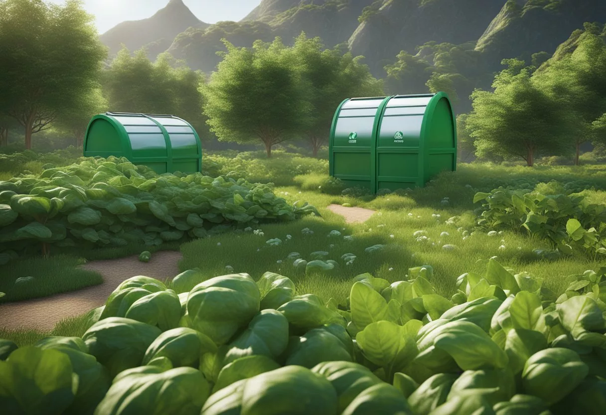 A lush green landscape with renewable energy sources, recycling bins, and organic produce