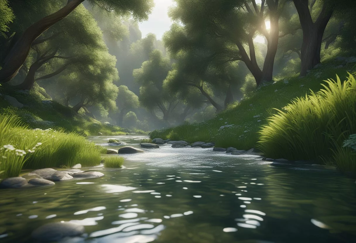 A serene river flowing through a lush, green landscape. A faucet turned off with a drop of water saved. Wildlife thriving in clear, unpolluted waters