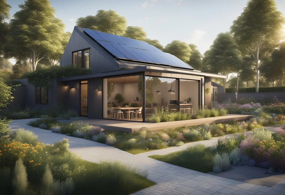 A modern, eco-friendly house with solar panels, a rainwater collection system, and a vegetable garden. Surrounding the house are bike racks, a community garden, and public transportation options