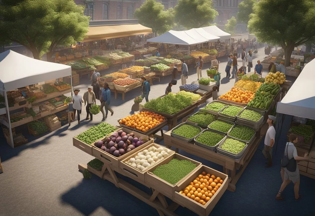 A bustling farmers' market with vendors selling organic produce, reusable products, and promoting sustainable living tips to a diverse community