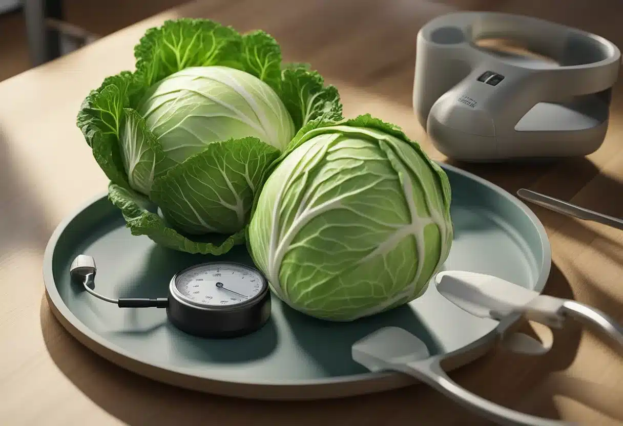 Fresh cabbage on a plate, with a blood sugar monitor nearby