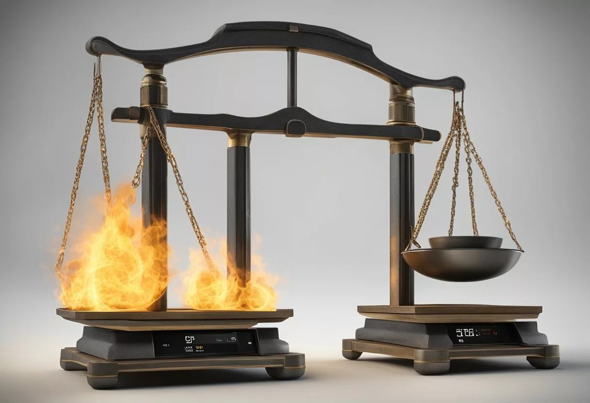 A scale with a balanced side for "caloric balance" and a heavier side for "weight control." Flames burning under the heavier side, representing difficult-to-burn calories