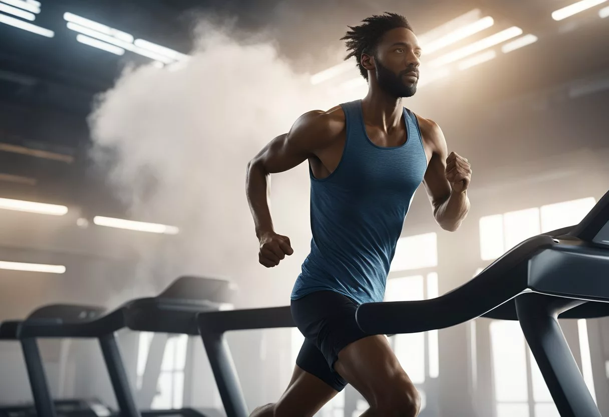 A person running on a treadmill with sweat dripping down their face, surrounded by a cloud of energy and heat radiating from their body