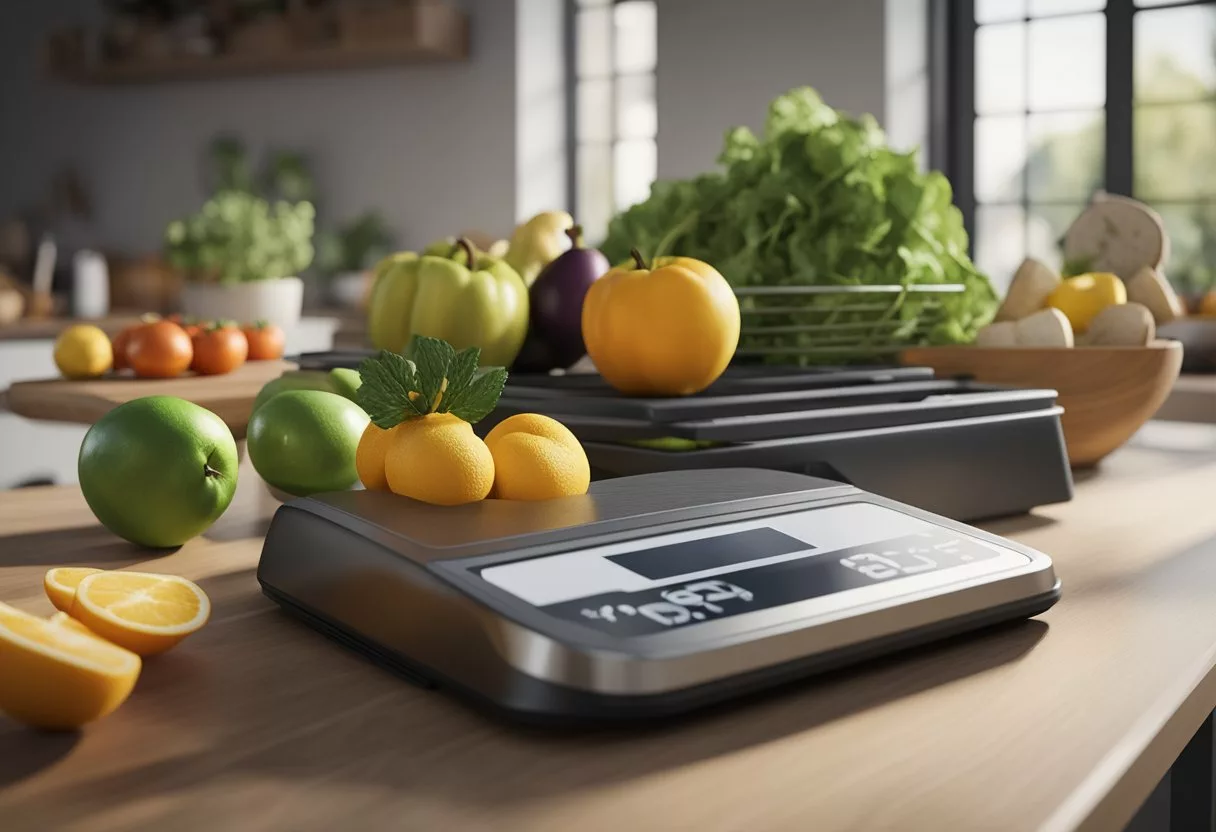 A scale surrounded by healthy food, exercise equipment, and a calendar showing progress over time