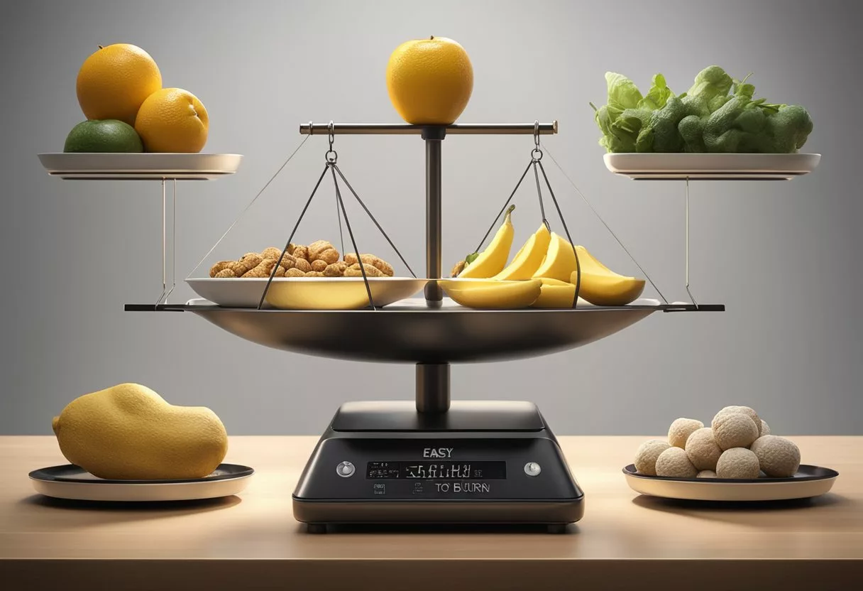 A scale balancing different foods, with some labeled "easy to burn" and others "difficult to burn."